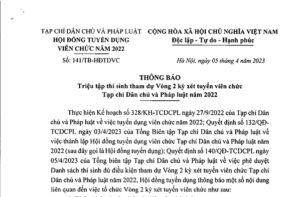 Thông báo triệu tập thí sinh tham dự Vòng 2 kỳ xét tuyển viên chức Tạp chí Dân chủ và Pháp luật năm 2022 - 855